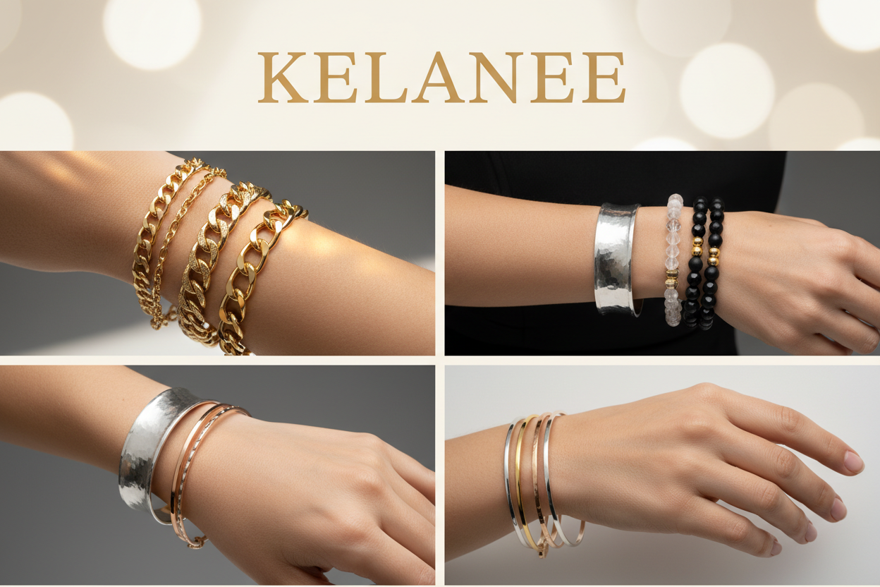 Create a high-quality, modern marketplace banner showcasing close-up shots of stylish bracelets worn on wrists and forearms. Emphasize the shine, texture, and craftsmanship of the bracelets with elegant lighting and soft shadows. Use a premium, minimalistic aesthetic with neutral or softly blurred backgrounds. Include the store name KELANEE in a clean, elegant, and modern font that complements the overall design. The composition should feel fashionable, sophisticated, and ideal for an online accessories mar